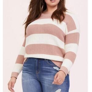 TORRID Size 1 Pink White Stripe Chenille Knit Pullover Sweater Long Sleeve Plus